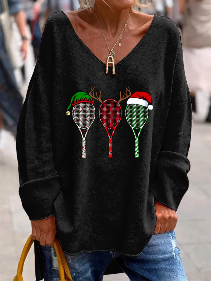 Women's Christmas Tennis Racket Printed French Cashmere V-Neck Top