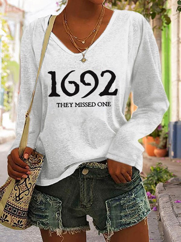 Women's 1692 They Missed One Salem Witch Print Casual Long Sleeve V-Neck T-Shirt