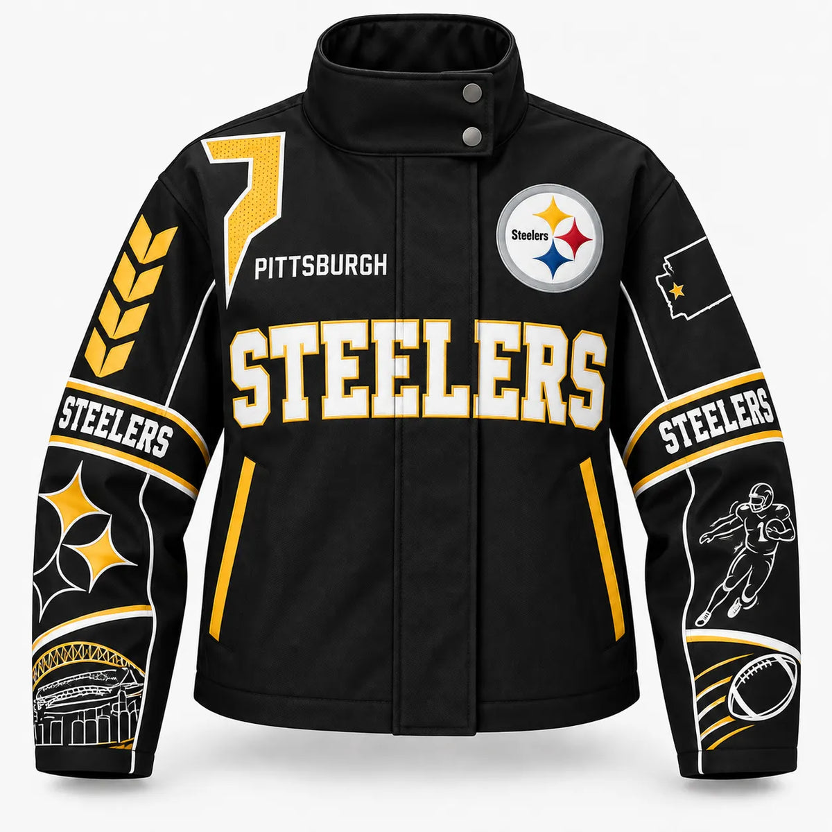 PITTSBURGH STEELERS TEAM LOGO FOOTBALL GRAPHIC STAND COLLAR JACKET