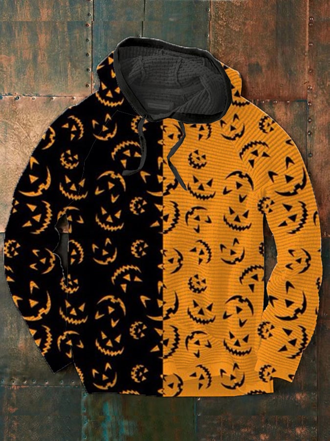 Men's Halloween Pumkin Face Print Casual Hooded Sweatshirt