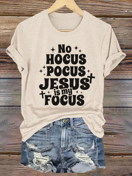 Women's Hocus Pocus Jesus Is My Focus Halloween Printed T-Shirt