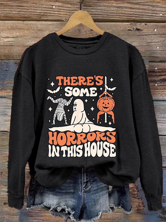 Women's Funny Halloween There's Some Horrors In This House Pumpkin Spooky Mummy Sweatshirt