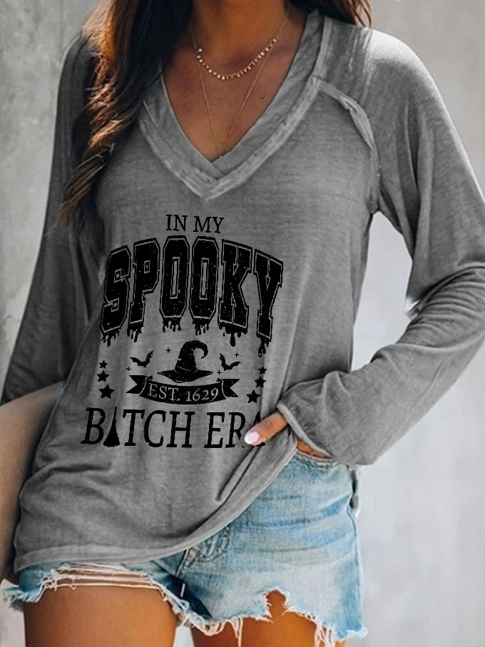 Women's Halloween In My Spooky B*tch Era Est.1629 Printed V-neck Long Sleeve Top