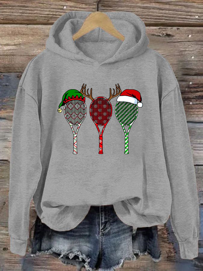 Women's Christmas Tennis Racket Print Casual Hooded Sweatshirt