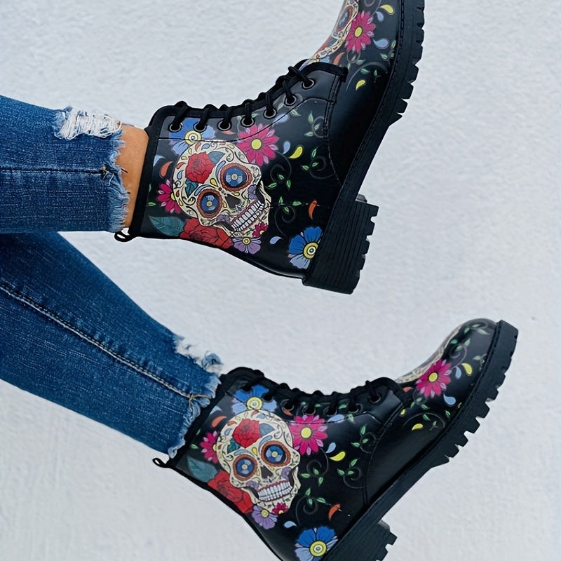 Skull Rose Printed Gothic Combat Boots: Embrace Your Dark Side in Style