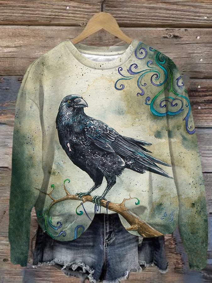 Women's Halloween Raven Pattern Art Print Casual Sweatshirt