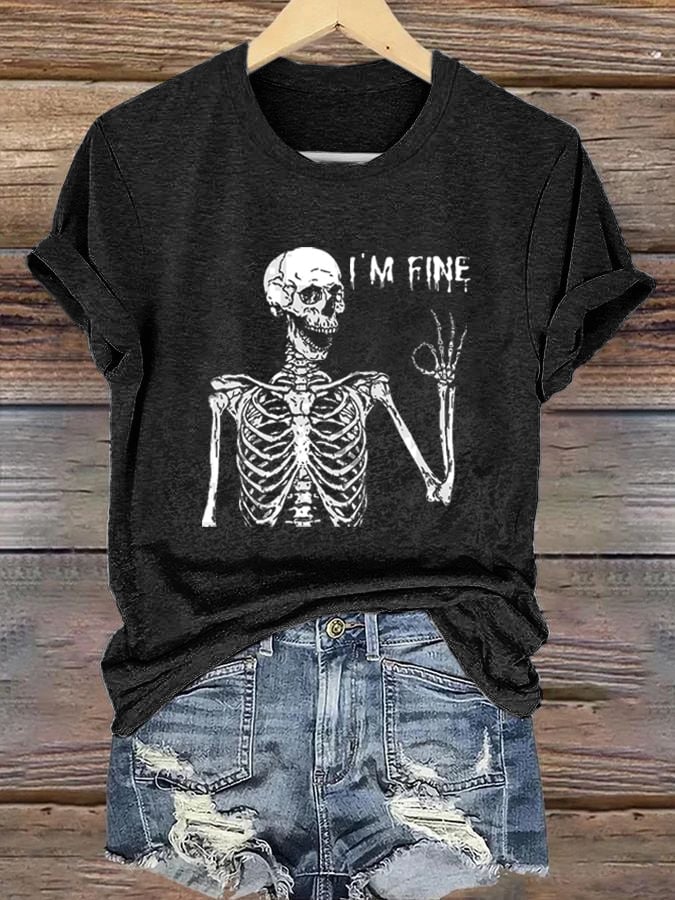 Women's Skull I'm Fine Halloween Print T-Shirt