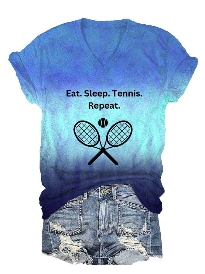 Women's Eat Sleep Tennis Repeat Print V-Neck T-Shirt