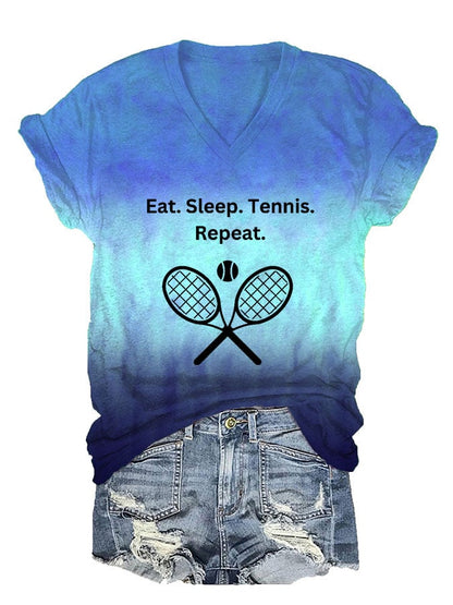 Women's Eat Sleep Tennis Repeat Print V-Neck T-Shirt
