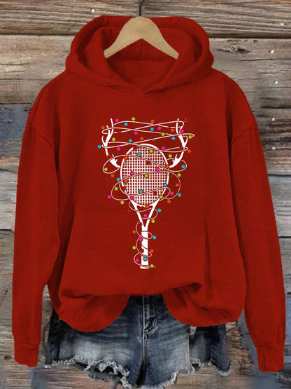 Women's Christmas Tennis Racket Print Casual Hooded Sweatshirt