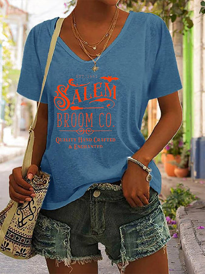 Women's Halloween Salem Broom Co Print Casual V-Neck Tee