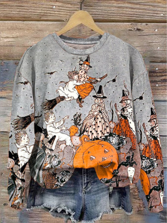 Women's Halloween Vintage Witches Pumpkins & Bats Printed Sweatshirt