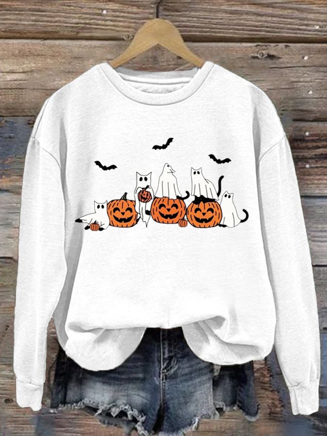 Women's Ghost Cats Halloween Print Long Sleeve Sweatshirt