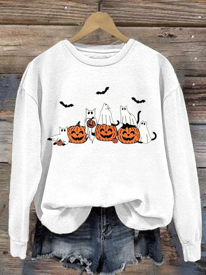 Women's Ghost Cats Halloween Print Long Sleeve Sweatshirt