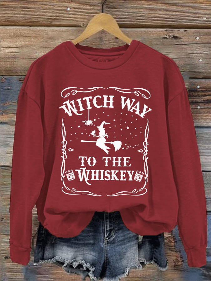 Women's Halloween Witch Way To The Whiskey Printed Sweatshirt