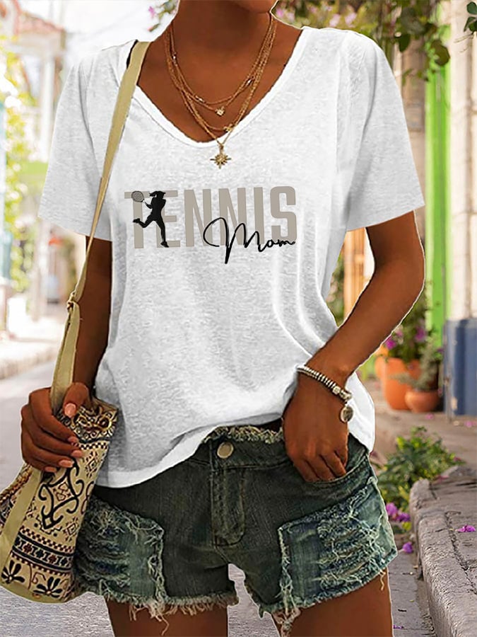 Women's Tennis Mom Printed V-Neck T-Shirt