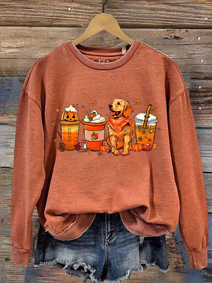 Women's Thanksgiving Halloween Dog Print Round Neck Long Sleeve Sweatshirt