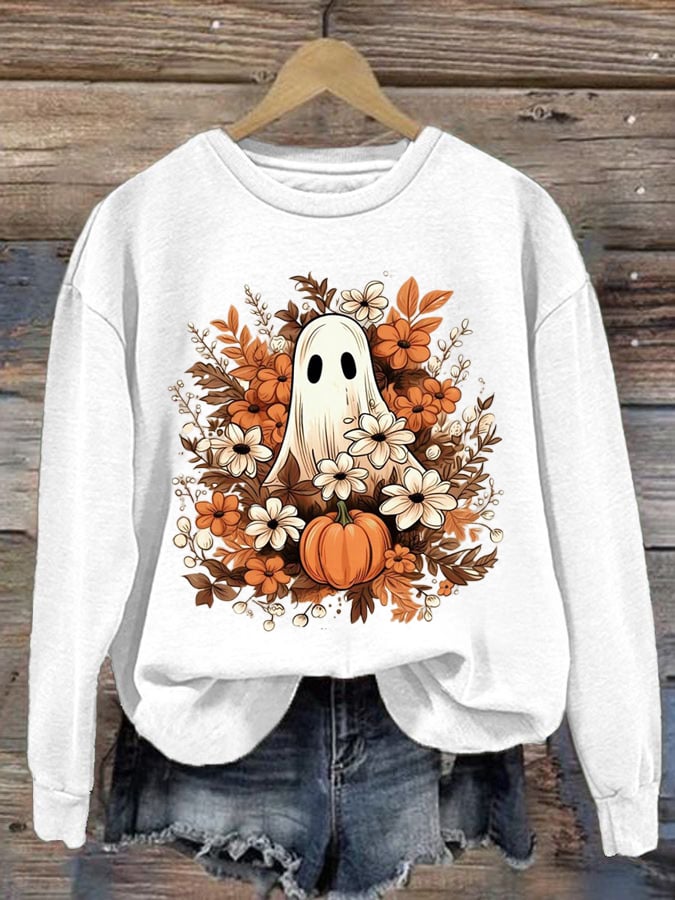 Women's Halloween Ghost Print Long Sleeve Sweatshirt