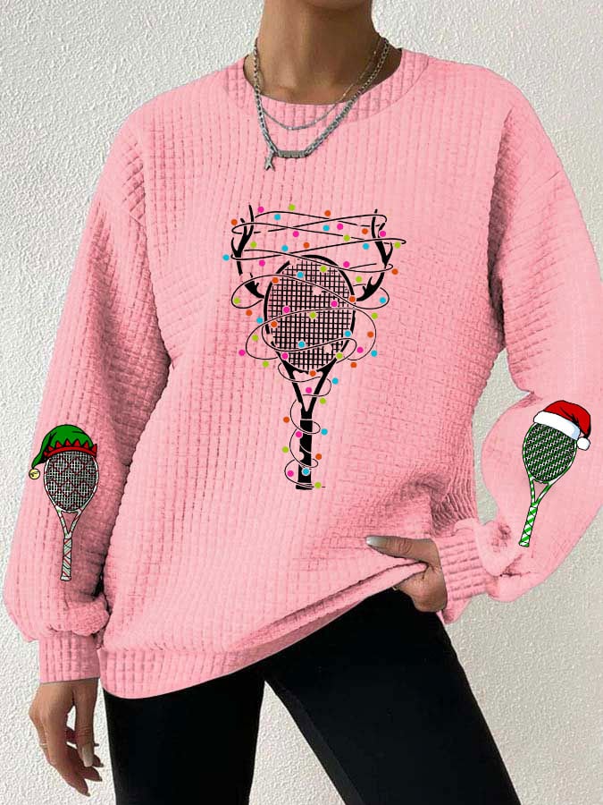 Women's Christmas Tennis Racket Print Waffle Sweatshirt