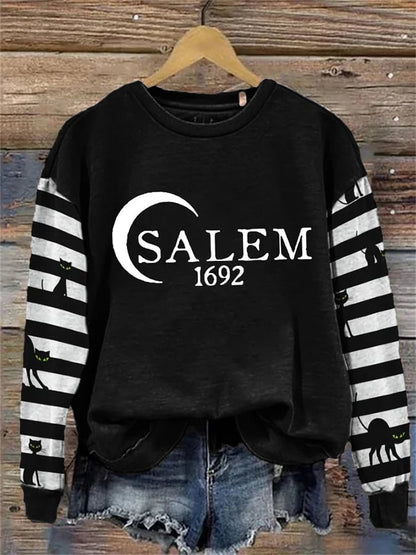 Women's Salem 1692 Black Cat Stripe Contrast Print Crew Neck Sweatshirt