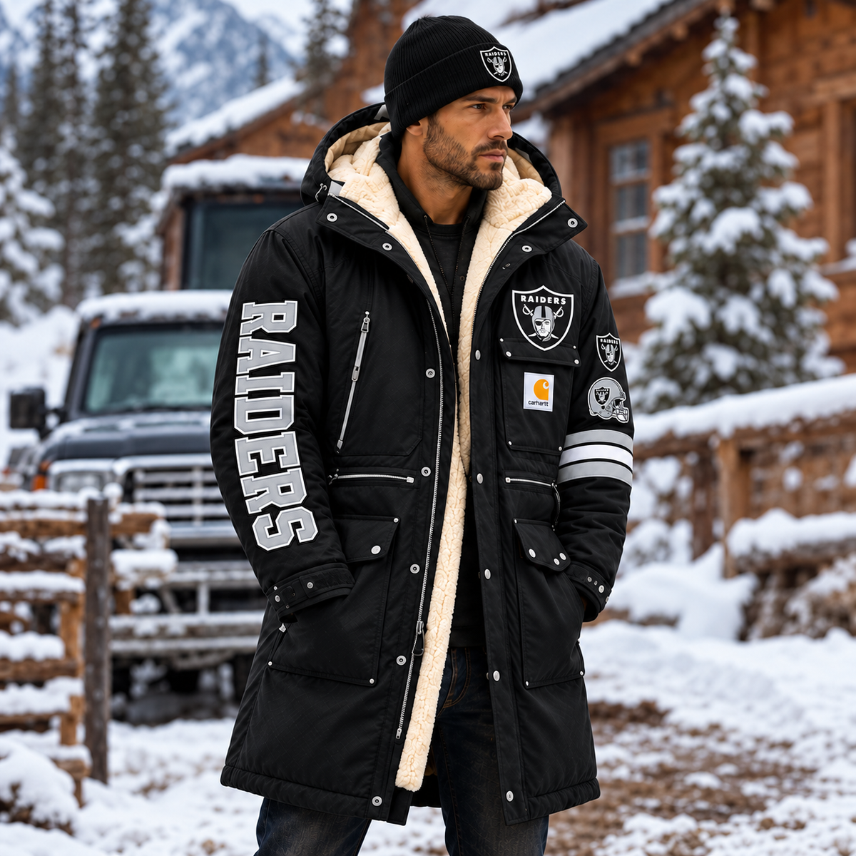UNISEX LAS VEGAS RAIDERS BLACK WINTER SHERPA LINED HOODED PARKA JACKET
