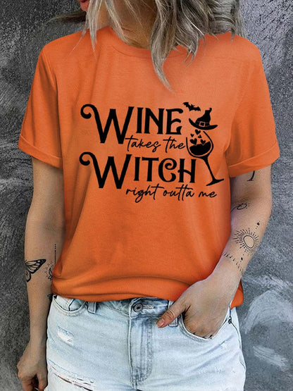 Women's Halloween Wine Print T-Shirt