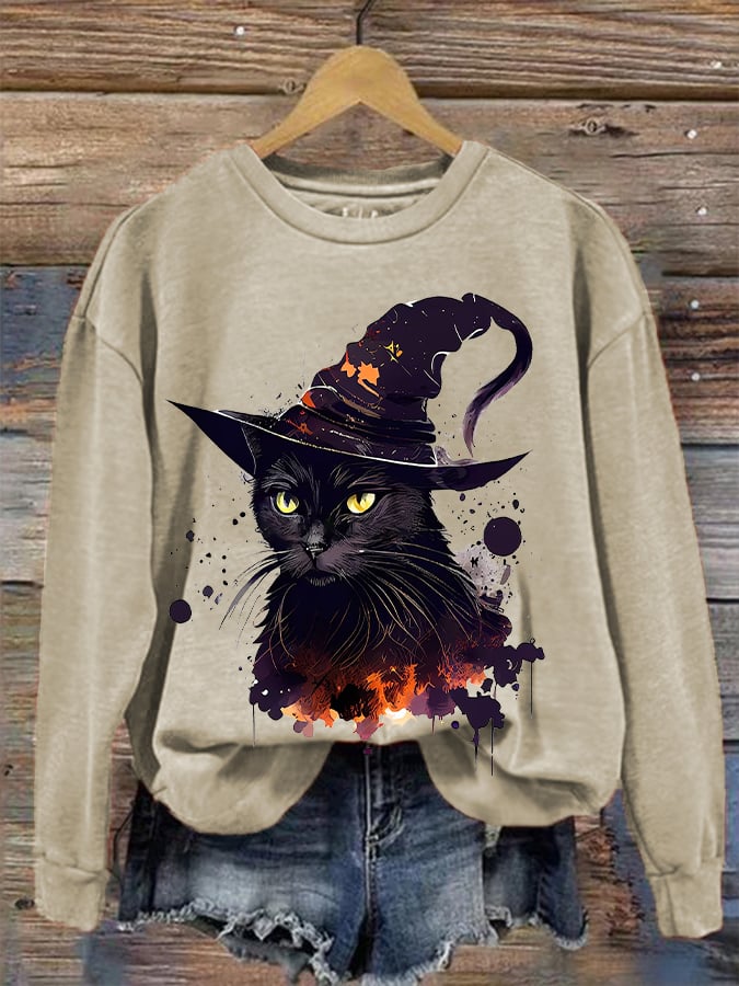 Women's  Halloween Witches Cat  Print Sweatshirt