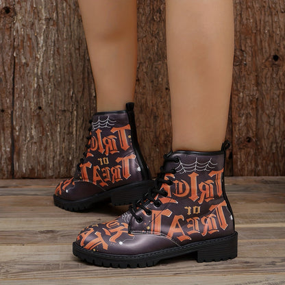 Stylish and Spooky: Women's Halloween Print Combat Boots - Lace-Up, Lug Sole Ankle Boots for Casual All-Match Appeal
