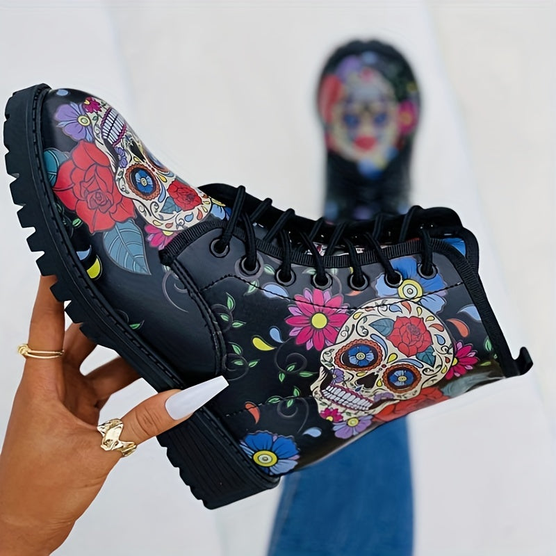 Skull Rose Printed Gothic Combat Boots: Embrace Your Dark Side in Style