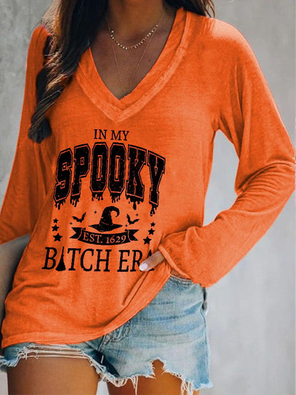 Women's Halloween In My Spooky B*tch Era Est.1629 Printed V-neck Long Sleeve Top