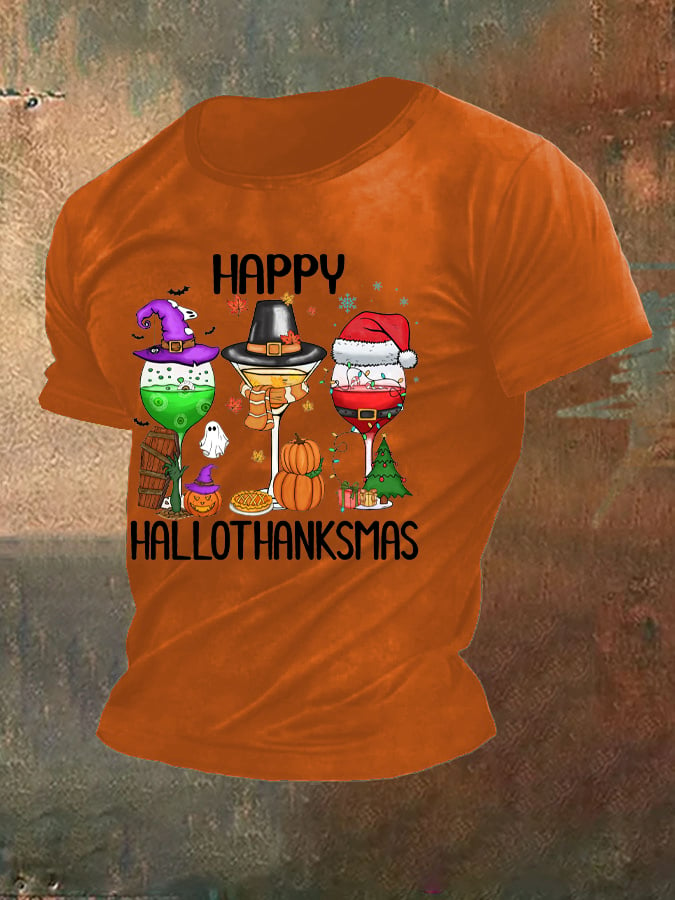 Men's Happy HalloThanksMas Wine Glasses Print Round Neck T-shirt