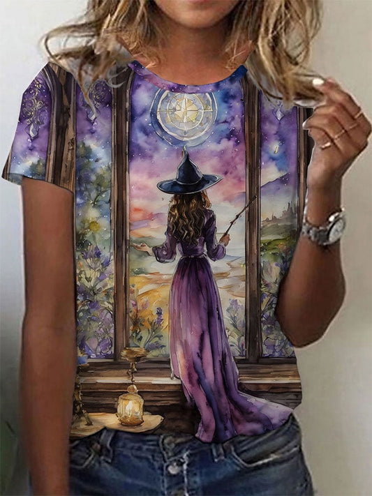 Women's Lavender Witch Casting a Spell Print T-Shirt