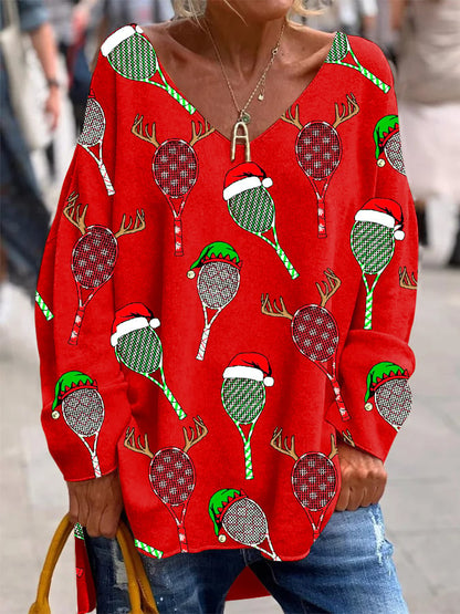 Women's Christmas Tennis Racket Printed French Cashmere V-Neck Top
