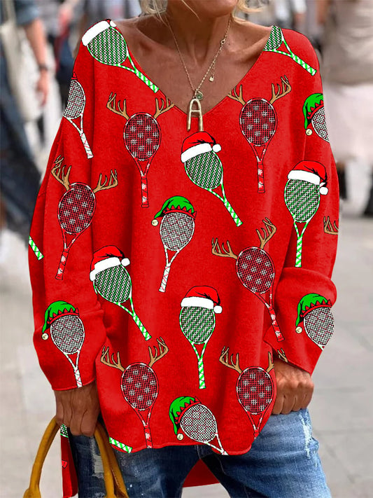 Women's Christmas Tennis Racket Printed French Cashmere V-Neck Top