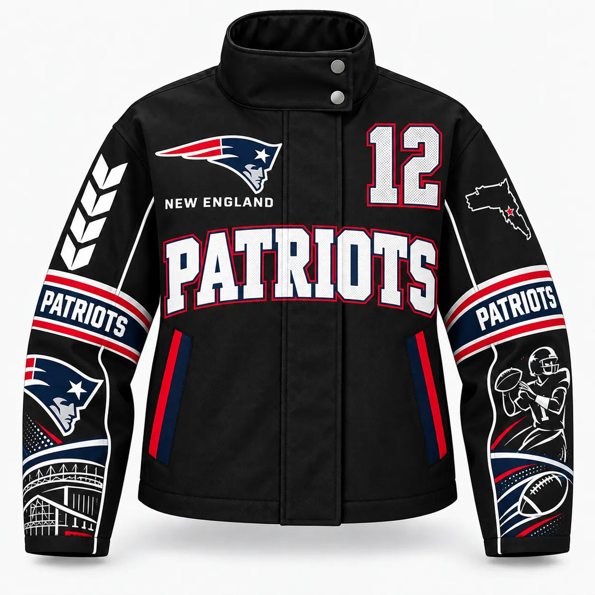 NEW ENGLAND PATRIOTS TEAM LOGO FOOTBALL GRAPHIC STAND COLLAR JACKET
