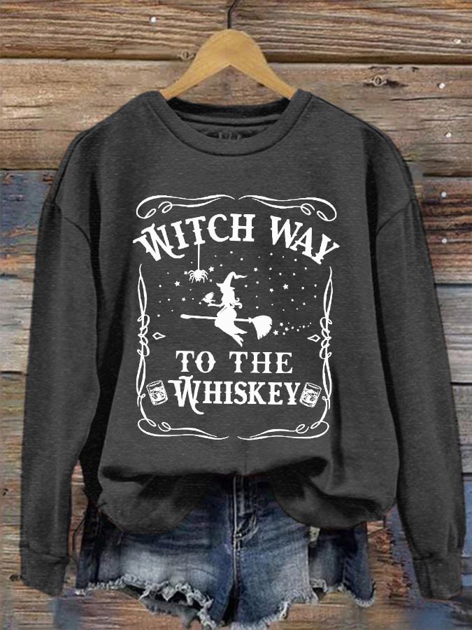 Women's Halloween Witch Way To The Whiskey Printed Sweatshirt