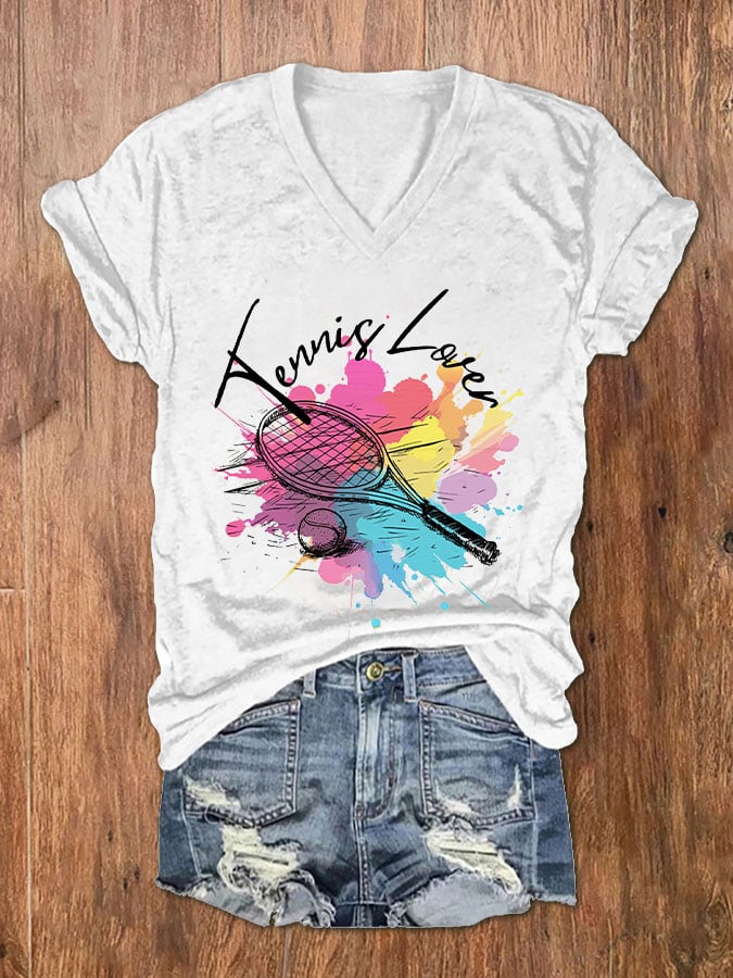 Women's Funny Tennis Tennis Lover Print V-Neck T-Shirt