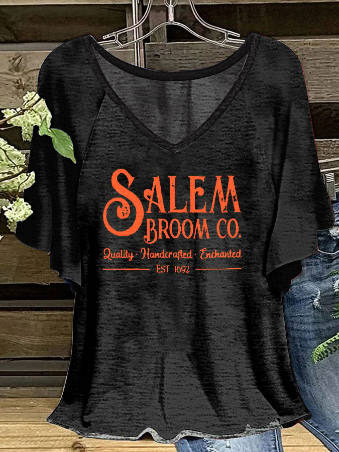 Women's Salem Broom Co 1692 Print V-Neck Ruffle Sleeve T-Shirt