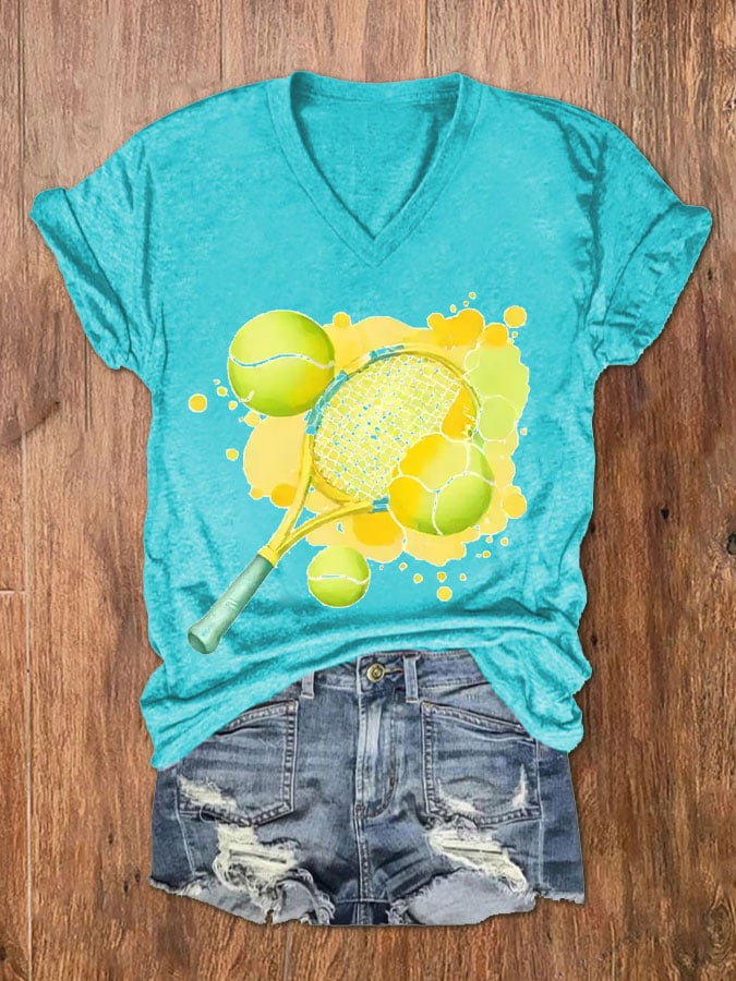 Women's Tennis Lover Watercolor V-Neck T-Shirt