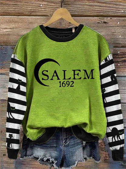 Women's Salem 1692 Black Cat Stripe Contrast Print Crew Neck Sweatshirt