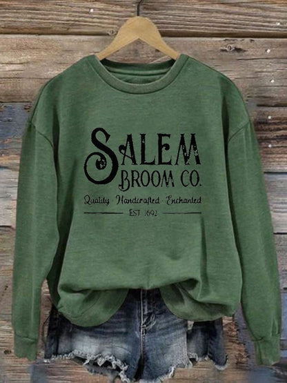 Women's Salem Broom Co Quality Handcrafted Enchanted Est 1692 Print Crew Neck Sweatshirt