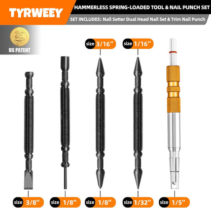 5-Piece Dual Head Nail Setter & Center Punch Set with Hinge Pin Remover, Spring-Loaded Design