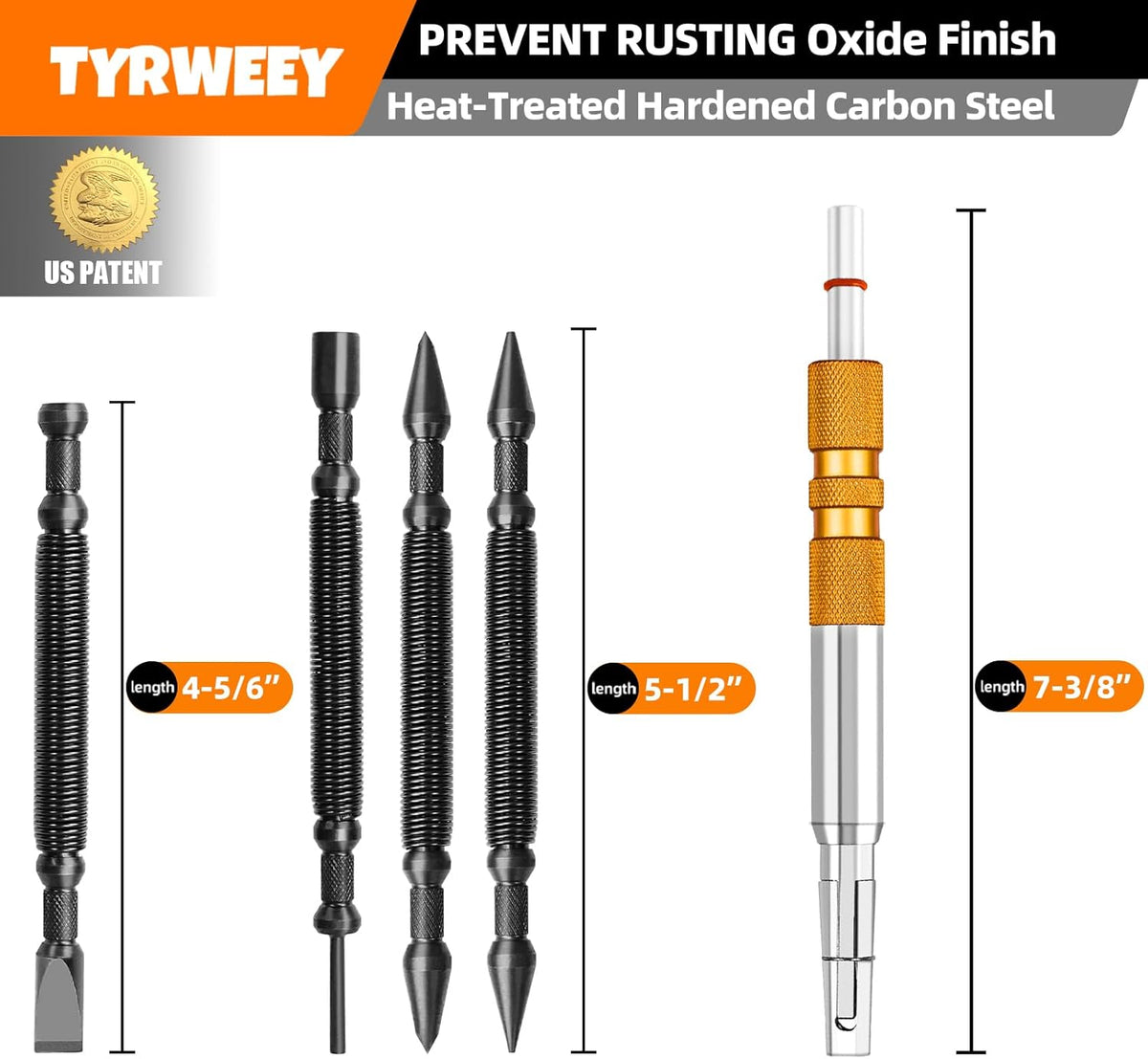 5-Piece Dual Head Nail Setter & Center Punch Set with Hinge Pin Remover, Spring-Loaded Design