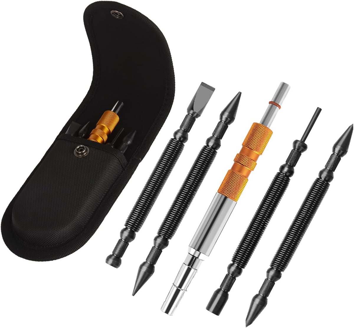 5-Piece Dual Head Nail Setter & Center Punch Set with Hinge Pin Remover, Spring-Loaded Design