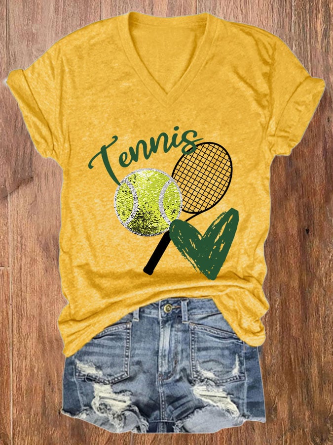Women's Tennis Print Casual V-Neck Tee