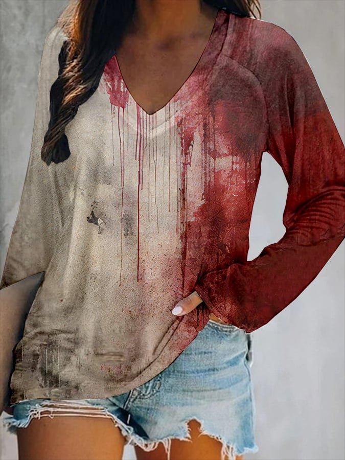 Women's Bloody Halloween Print V-Neck T-Shirt