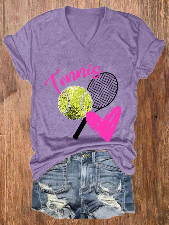 Women's Tennis Print Casual V-Neck Tee