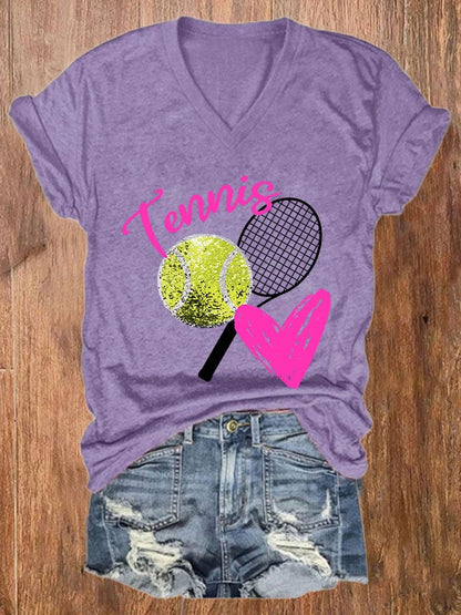 Women's Tennis Print Casual V-Neck Tee