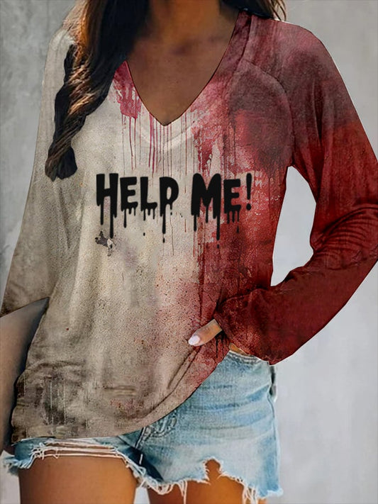 Women's Bloody Halloween Print V-Neck T-Shirt