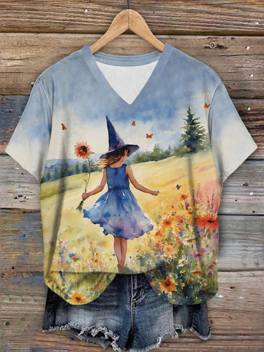 Women's Watercolor Oil Painting Witch Floral Print V-Neck T-Shirt